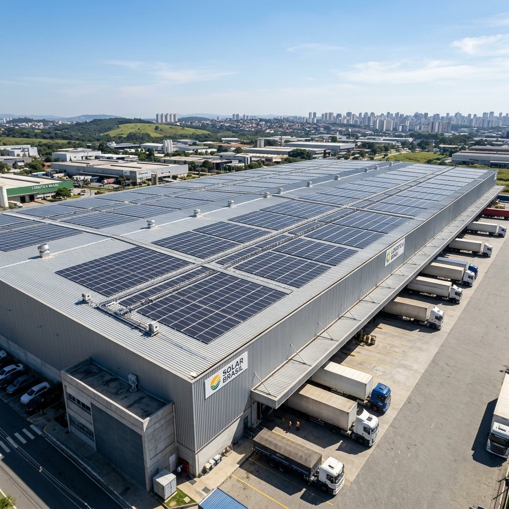Instalação de painéis solares em telhado comercial